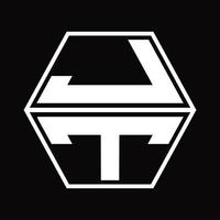 monograma del logotipo jt con plantilla de diseño de forma hexagonal hacia arriba y hacia abajo vector