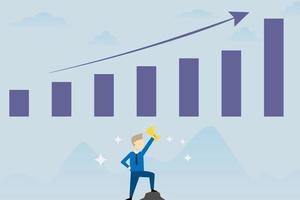 Vector businessman show trophy about successful achievement target with the growth up graph concept