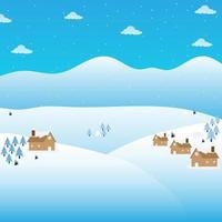 House village on the mountain in nature with valley hill landscape vector illustration snow winter