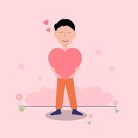 ilustración vectorial del joven que sostiene el corazón amante en las manos. personaje de dibujos animados concepto de día de san valentín vector