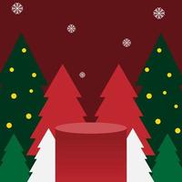 maqueta mínima de forma de podio con fondo rojo de árbol de navidad, maqueta abstracta de invierno de nieve vector