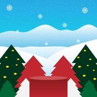 Podium shape minimal mock up with christmas tree mountain hill snow winter background vector