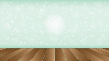 Snowfall with star light blur with wood floor for show product 3d vector abstract green background