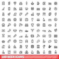 100 iconos de cerveza, estilo de contorno vector