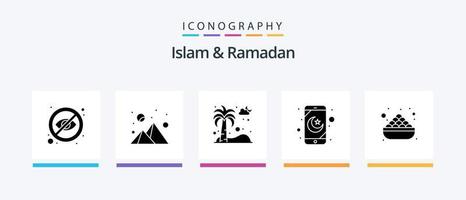 Islam And Ramadan Glyph 5 Icon Pack Including food. prayer application. dates. mobile application. cloud. Creative Icons Design vector