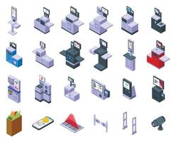 autoservicio en los iconos de caja establece vector isométrico. efectivo de supermercado