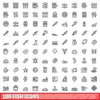 100 iconos de peces, estilo de contorno vector