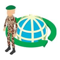 Green beret icon isometric vector. Army sergeant in military uniform near planet vector