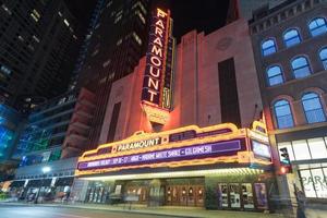 Boston, Massachusetts - September 3, 2016 -  The Paramount Theater, along Washington Street in Boston, Massachusetts at night. The Paramount is a performing arts facility in Boston. photo