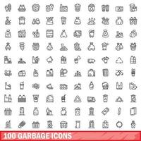 100 garbage icons set, outline style vector