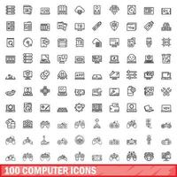 100 iconos de computadora, estilo de esquema vector