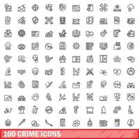 100 crime icons set, outline style vector