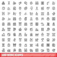 100 wine icons set, outline style vector