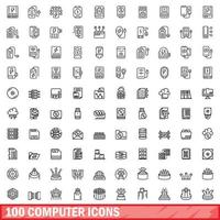 100 computer icons set, outline style vector