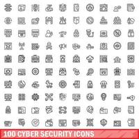 100 cyber security icons set, outline style vector