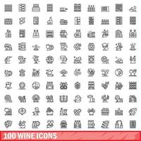 100 wine icons set, outline style vector
