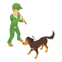 Pet vaccination icon isometric vector. Man with blowpipe with dart near dog icon vector