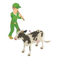 Animal vaccination icon isometric vector. Man with blowpipe with dart near cow vector