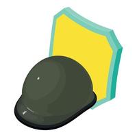 Battle helmet icon isometric vector. Retro soldier helmet and rectangular shield vector