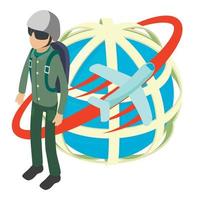 Skydiver icon isometric vector. Parachutist near planet icon with flying plane vector