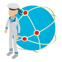 Sailor icon isometric vector. Faceless seaman character on globe background icon vector