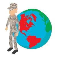 American soldier icon isometric vector. Soldier on mainland america background vector