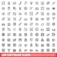 100 software icons set, outline style vector