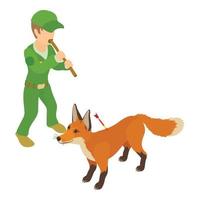 Fox capturing icon isometric vector. Man with blowpipe with dart near wild fox vector