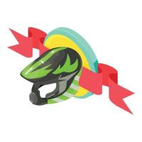 Racing helmet icon isometric vector. Helmet on background of shield with ribbon vector