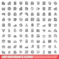 100 iconos de seguros establecidos, estilo de esquema vector