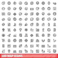 100 map icons set, outline style vector