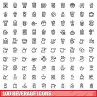 100 beverage icons set, outline style vector