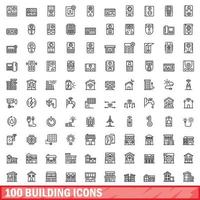 100 building icons set, outline style vector