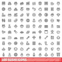 100 sushi icons set, outline style vector