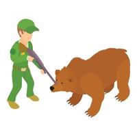 oso capturando icono vector isométrico. hombre de uniforme con rifle en mano y oso