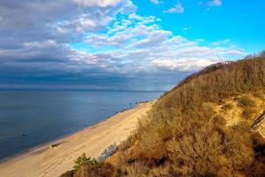 Aerial view of Reeves Beach with the Roanoke Barges shipwreck in Riverhead Long Island, New York. photo