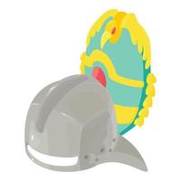 vector isométrico del icono del casco de hierro. casco de guerrero en el fondo del icono del escudo