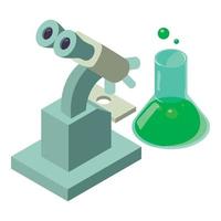 Science laboratory icon isometric vector. Microscope and glass flask with liquid vector