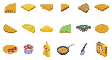 iconos de quesadilla establecen vector isométrico. restaurante de comida