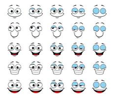 Cartoon face and blink eye animation. Vector sprite sheet with human personage smiling expression, animated sequence frame of blinking eyeballs and smile toothy mouth steps. Friendly wink emoticon
