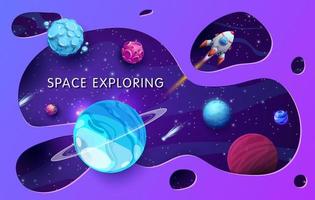 Paper cut space landscape. Starry galaxy planets and spaceship. Galaxy exploration, interstellar flight and space travel papercut backdrop or vector banner with fantastic planets, starship among stars