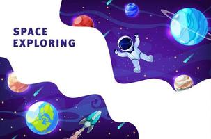 Space exploring cartoon astronaut in outer space vector