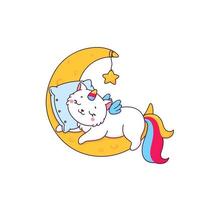 personaje de caticorn lindo de dibujos animados dormir en la luna vector