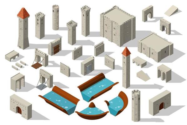 Isometric castle tower with wall bridge and moat