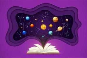 Space paper cut with book, solar system planets vector