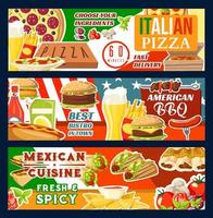 Fast food pizza and BBQ meat meals vector