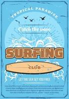 Surfing sport club retro poster, sea and surfboard vector