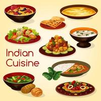 Indian cuisine, rice, meat and vegetable dishes vector