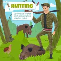 Hunter with wild animals trophy in forest vector