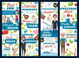 Jeweler seller, pilot and business manager banners vector